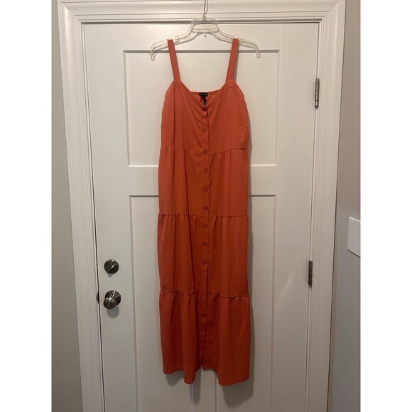 NEW Coral Orange Button Down Spaghetti Strap Tiered Ruffle Maxi Dress Size L XL - Picture 4 of 5
